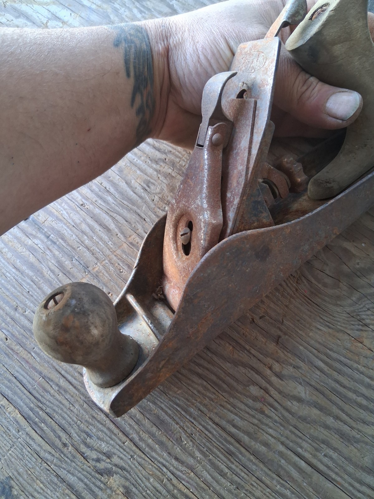 Vintage Bench Plane Woodworking Tool w/ Metal Blade & Wood Handles Brown/Silver
