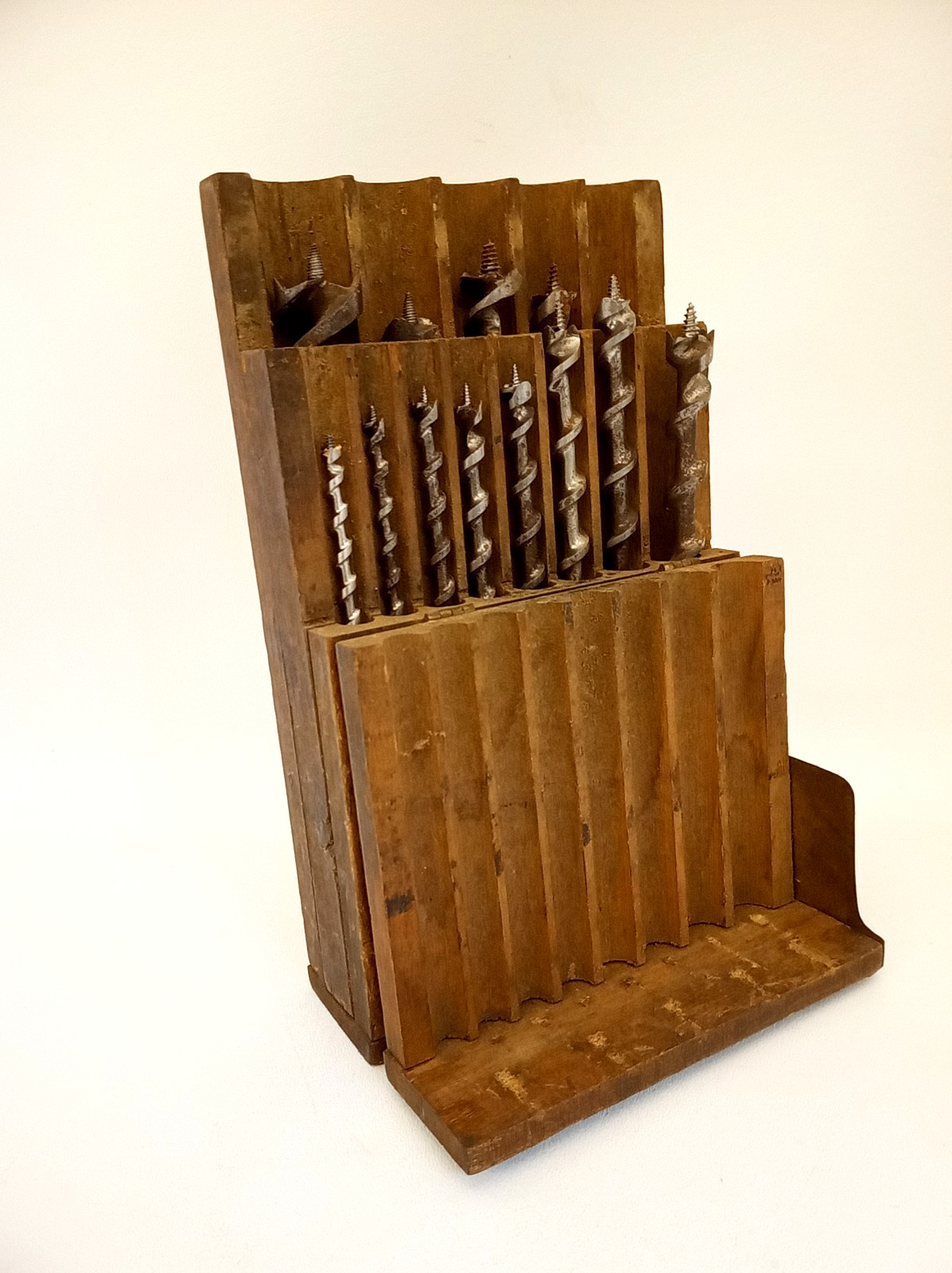 Antique 1800s drill bit set in great wood case mixed set old case Irwin etc