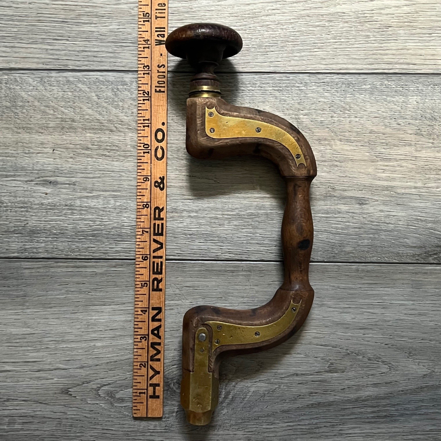 Antique Wood Brass Bit Brace Hand Drill Sheffield Style Wooden C-Frame Brace