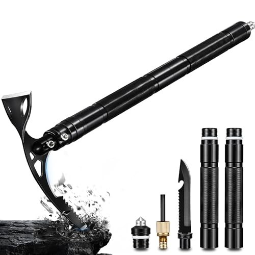 8-in-1 Folding Pick Axe Mattock, Multi-Purpose Garden Hoe & Survival Knife, Stai