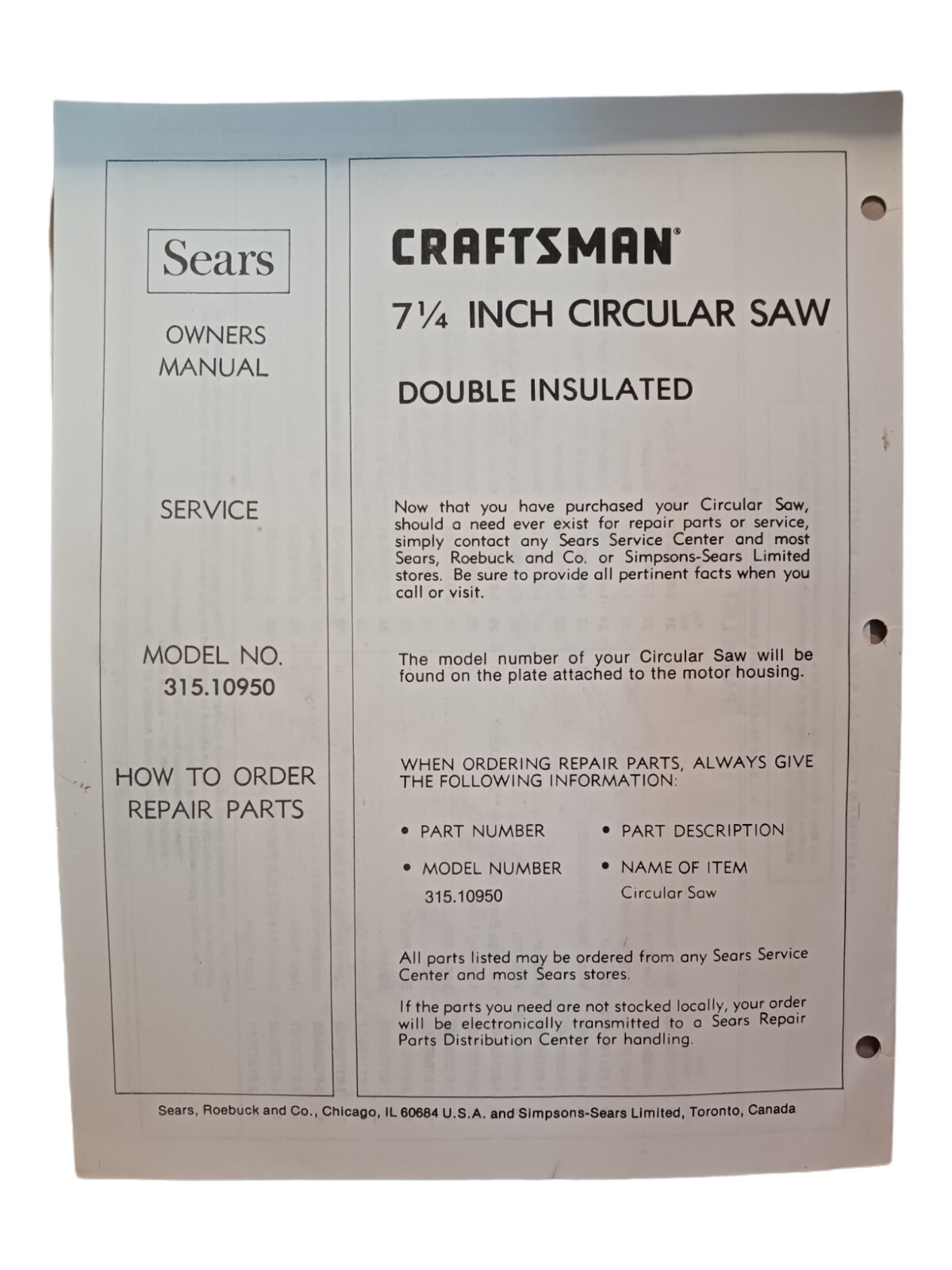 Sears Craftsman 7 1/4 Inch Circular Saw Double Insulated Owners Guide Booklet