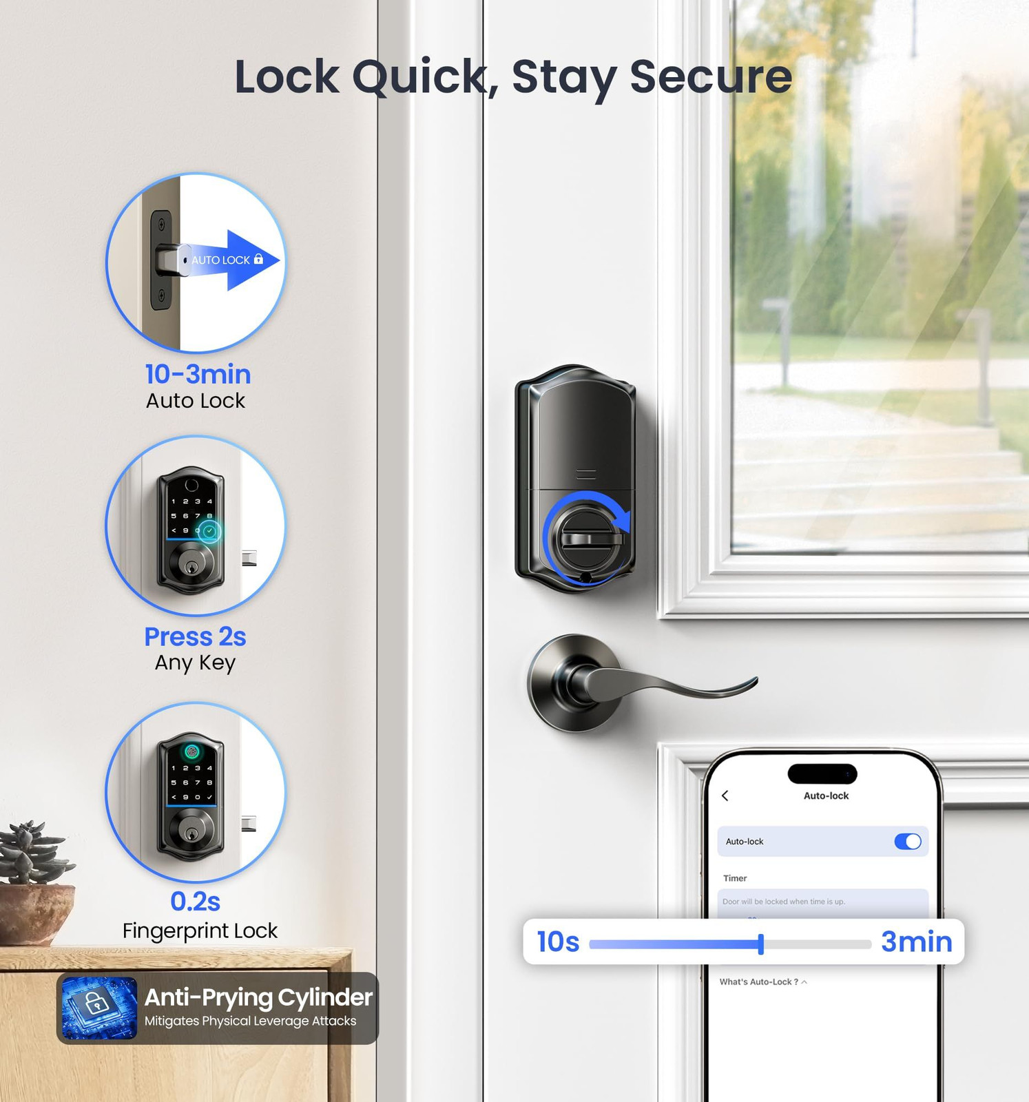 Veise VE017-L Fingerprint Smart Lock with Lever Handles, App Matte Black
