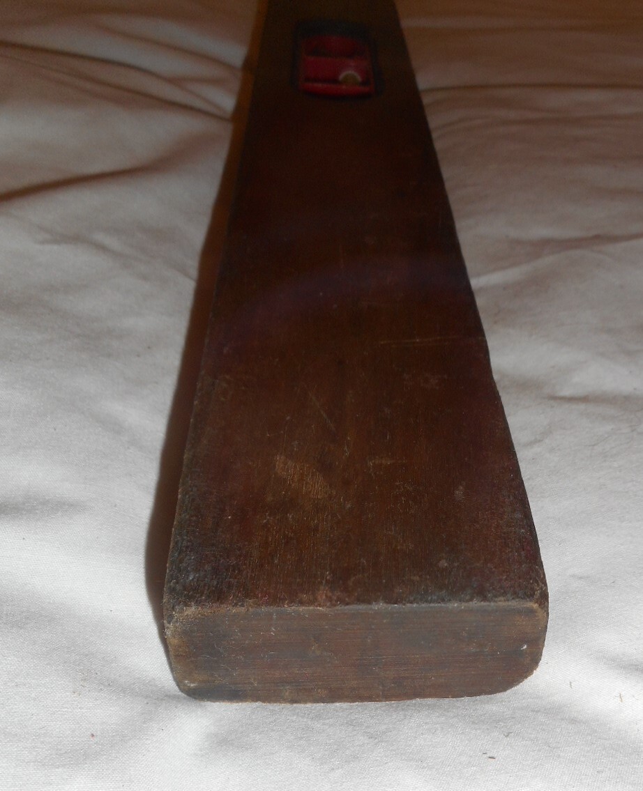 vintage wooden level 24″ long x 2 1/2″ x 1″ red plastic insert 90° & 45° angles