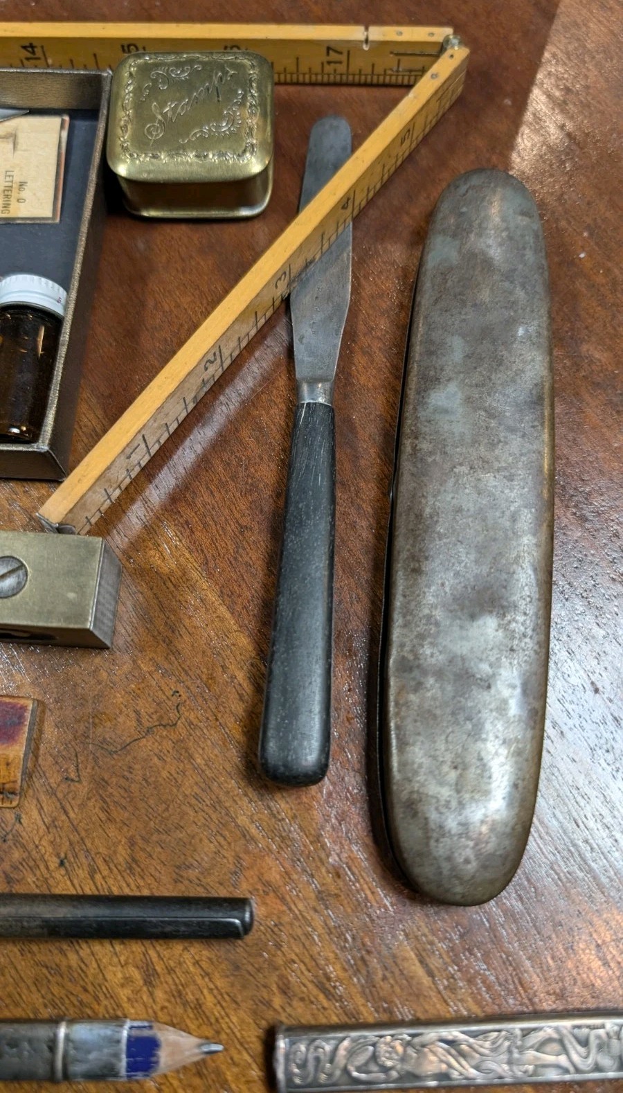 Antique Tools: Level, Stencil, Measuring, Gold, Calligraphy Crimp, Metal Pencil