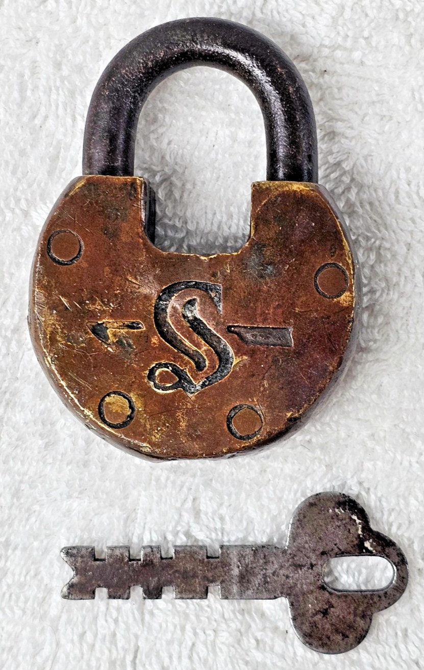 Antique Simmons Hardware Co Brass Pancake Padlock Lock Working Key Arrow S Logo