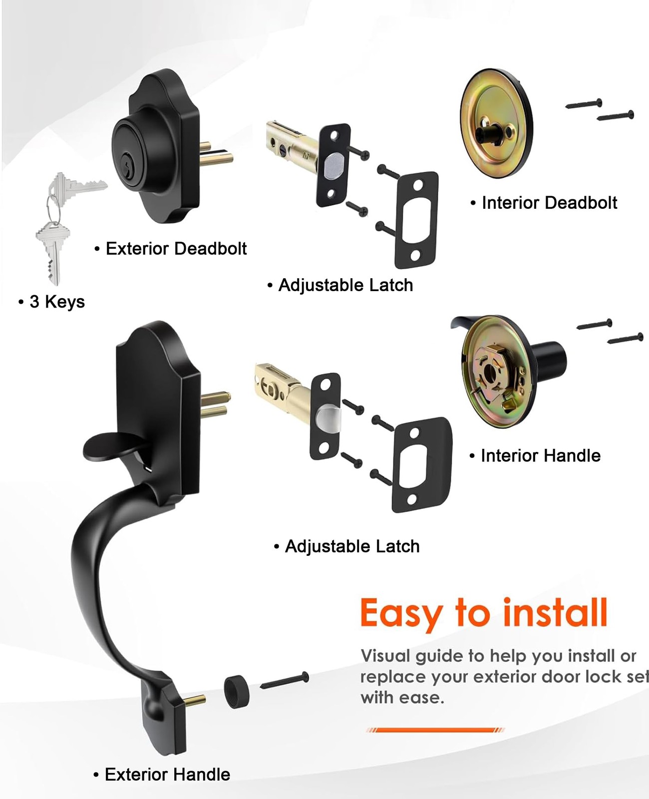 Haidms Matte Black Front Door Handle and Deadbolt Set, Passage,