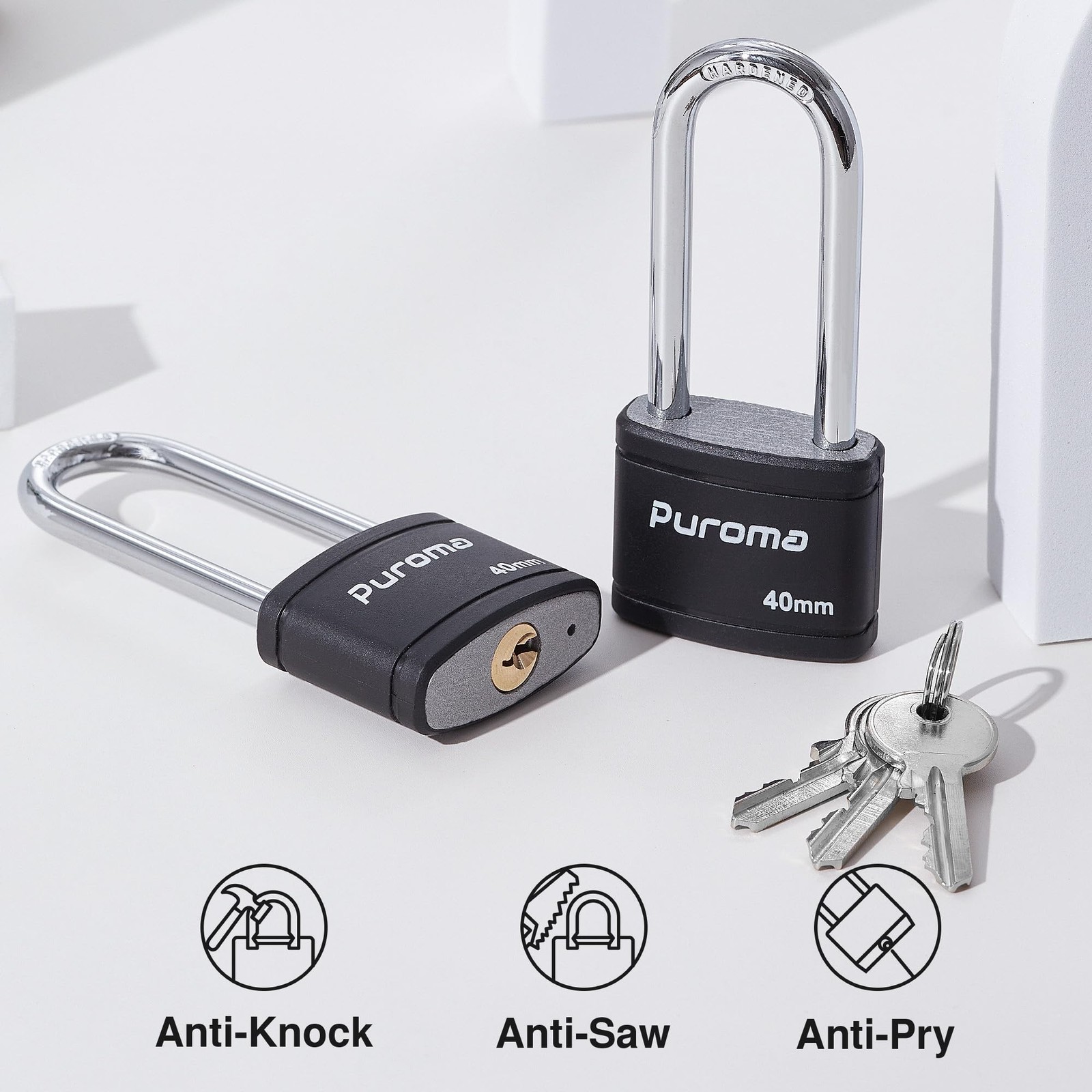 Puroma 2 Pack Keyed Padlock with 3 Keys, 2.5 Inch Locker Lock Inch, Black