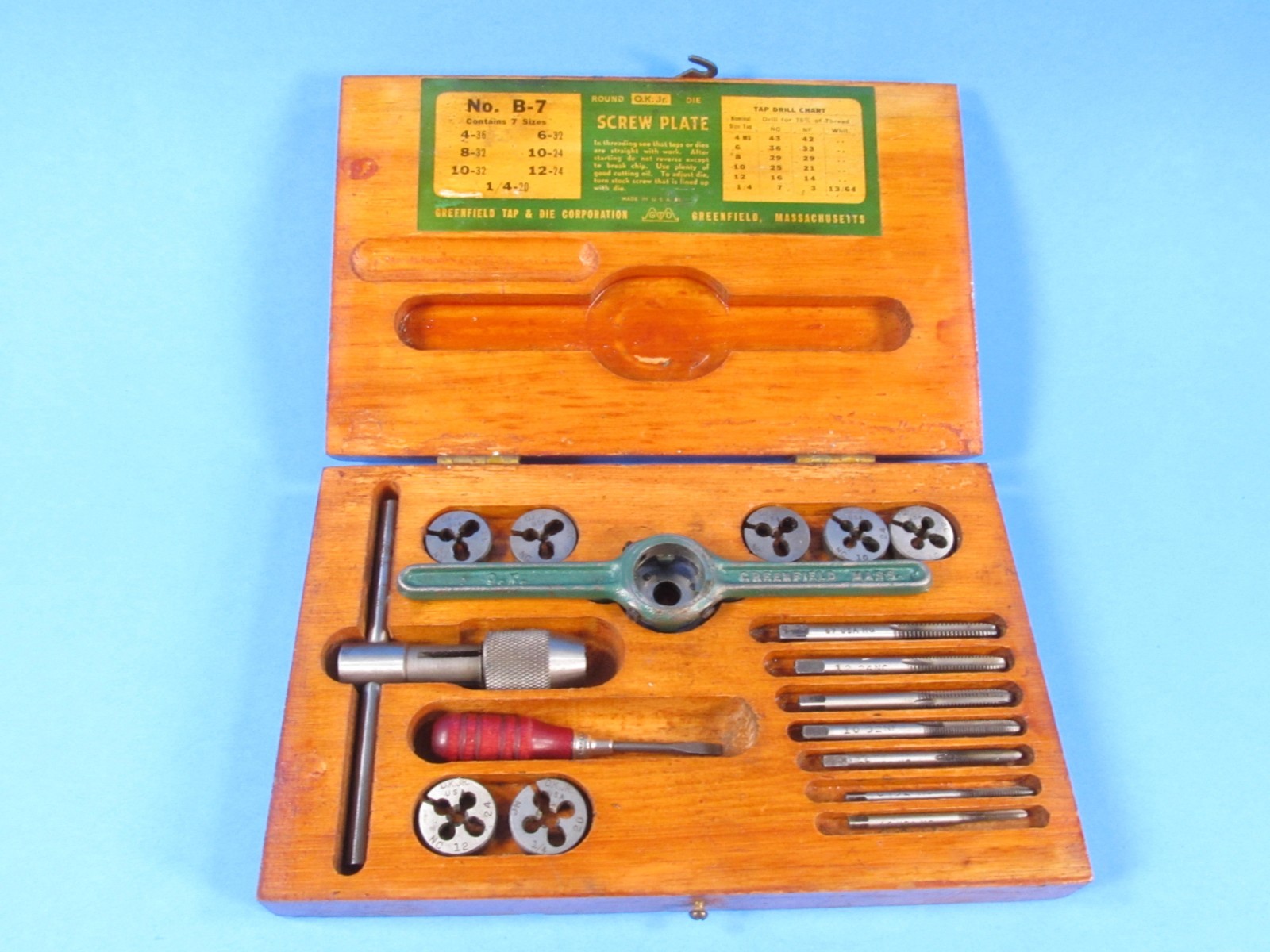 complete GTD OK Jr No B-7 Greenfield Tap & Die set in original fitted wood box