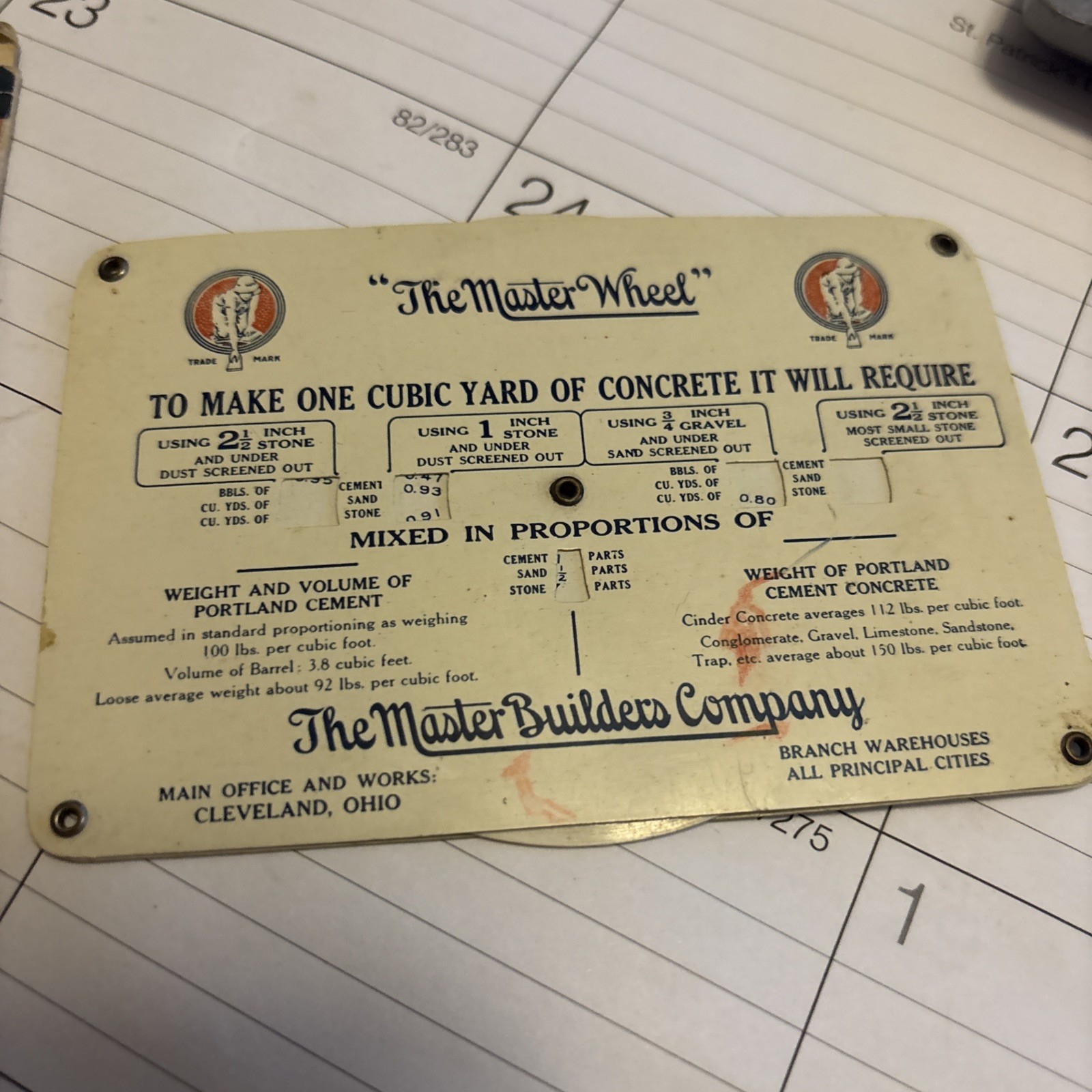 Vintage The Master Wheel Yards Of Concrete Required & Lumber/Cement Scale EUC