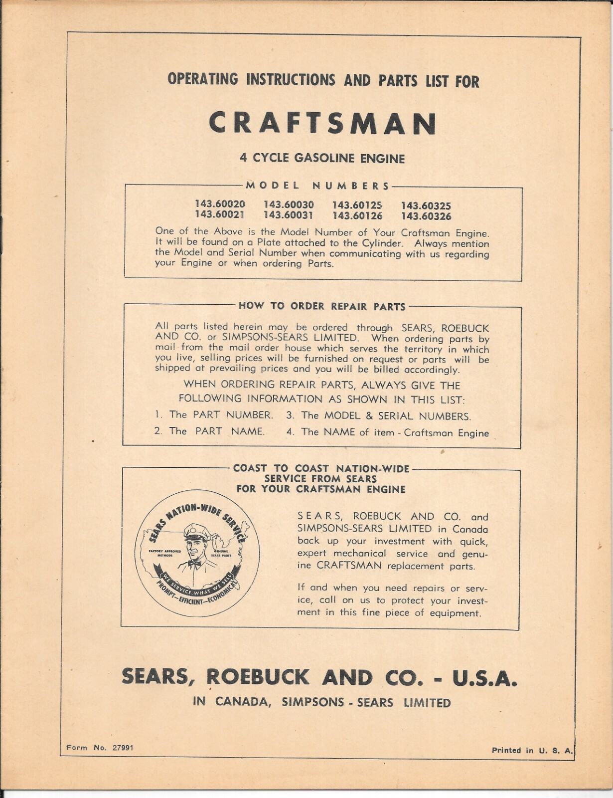 SEARS CRAFTSMAN 4 CYCLE GASOLINE ENGINE Operating Instructions & Parts List