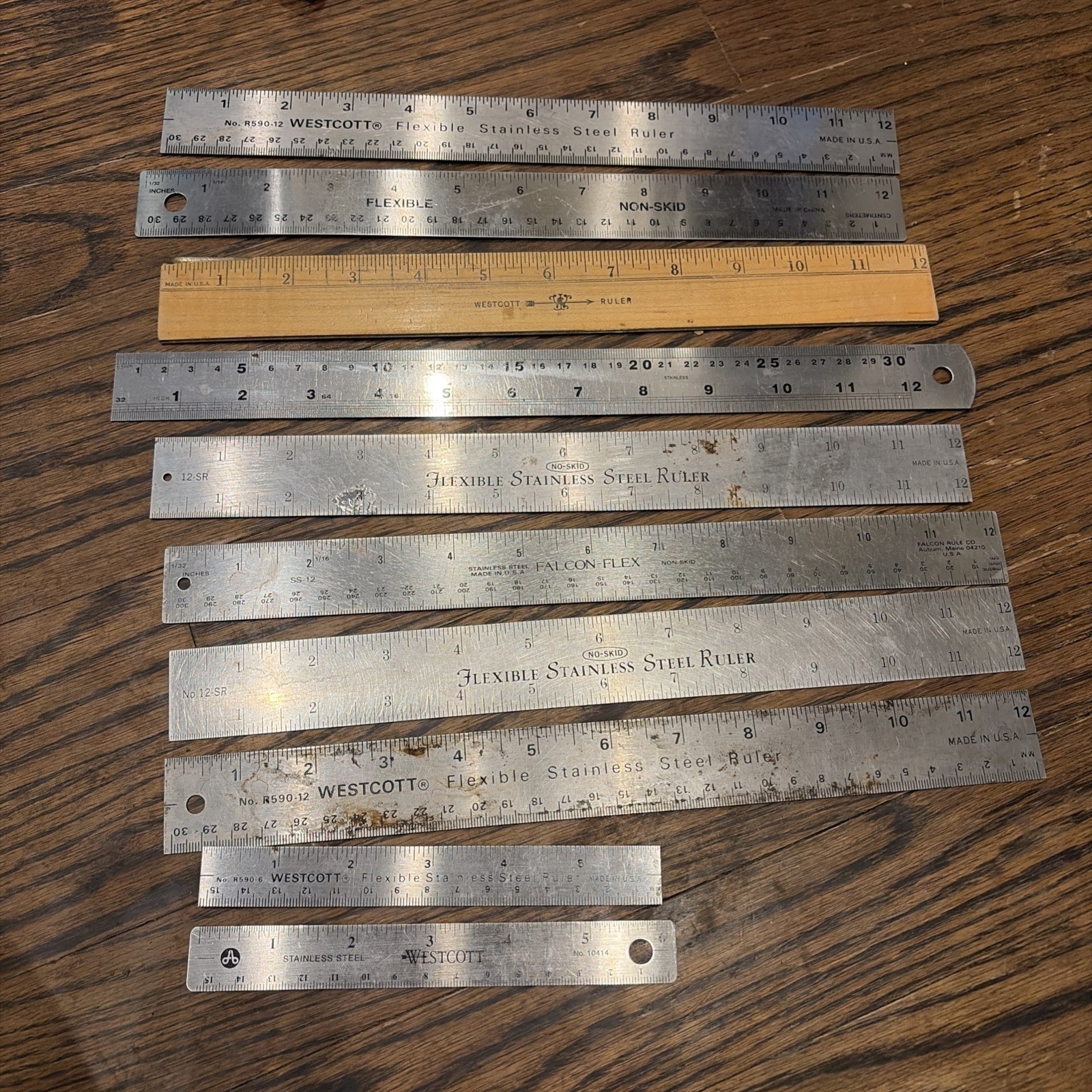 Set Of 9 Metal/1 Wood Vintage Precision Metal Pocket Rulers