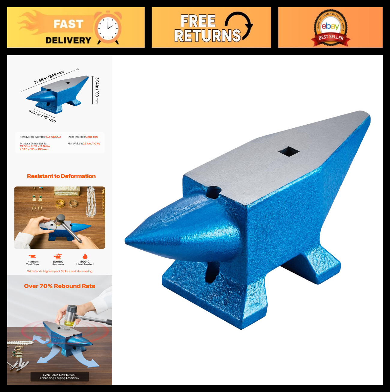 22Lbs Steel Anvil for Blacksmithing – Durable Forge Tool with Round & Square Hol