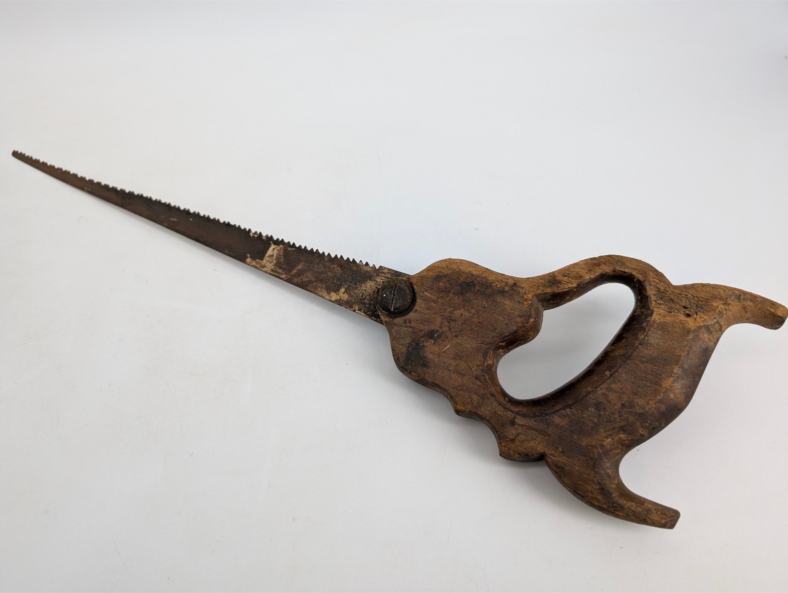 Antique Primitive Pruning Orchard Saw Carved Wooden Handle Bent Blade Farm Tool