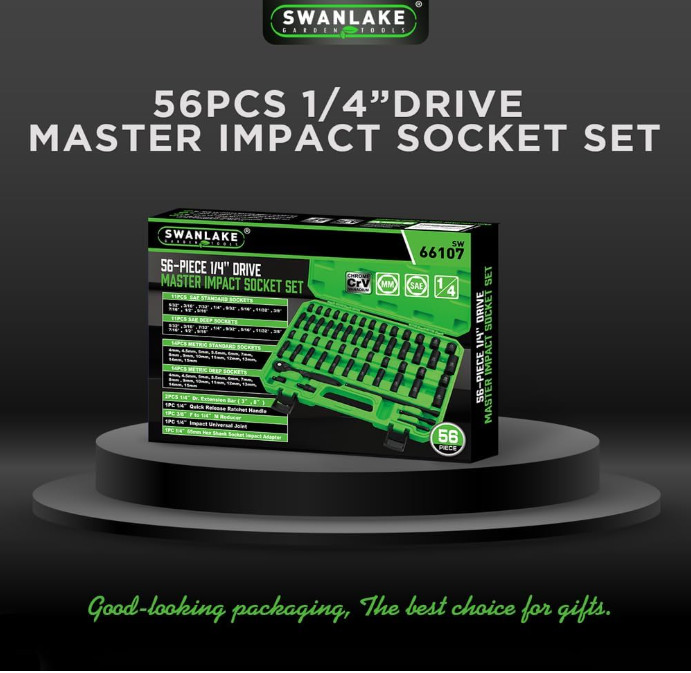 SWANLAKE 1/4″ Drive Impact Socket Set, 56-Piece, SAE & Metric, Cr-V, 6 Point