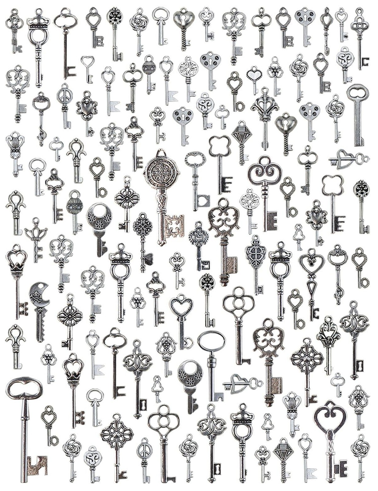 JIALEEY 125PCS Vintage Skeleton Keys, Steampunk Accessories Antique Silver Ch…