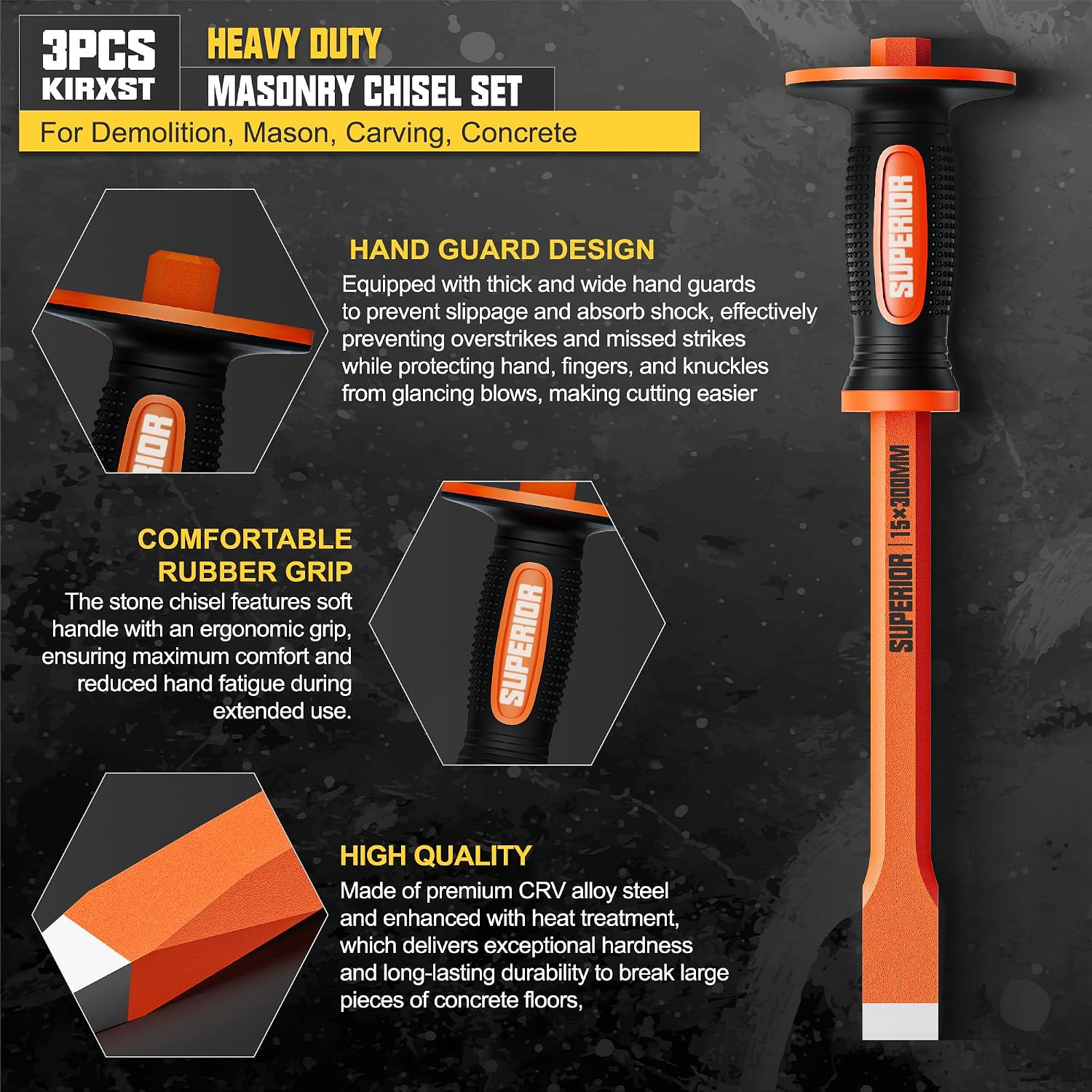 3Pcs Heavy Duty Masonry Chisel Set with Hand Guard Concrete Chisel Tools Includi