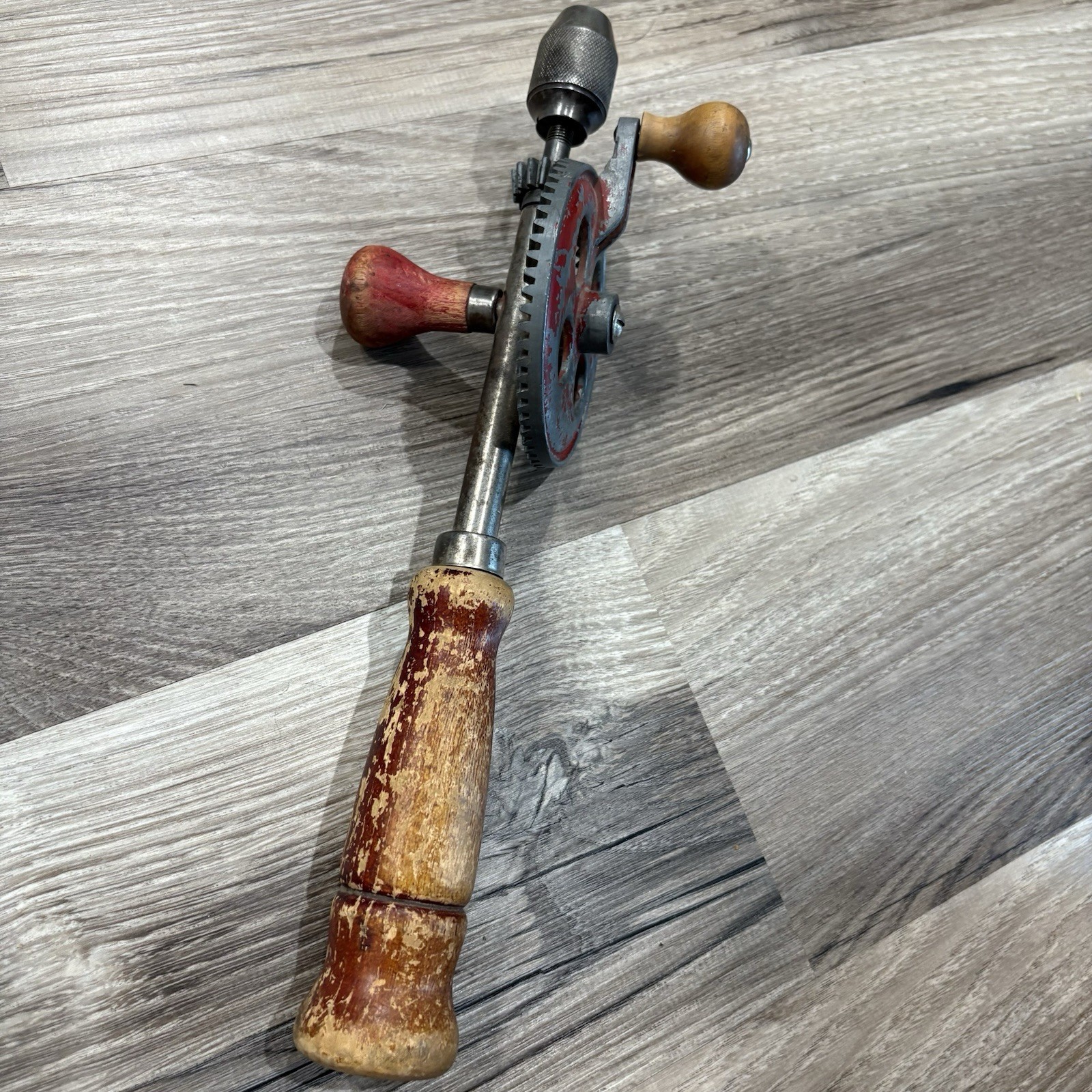 Vintage Hand Crank Drill Wooden Handle Red Finish Tested Working