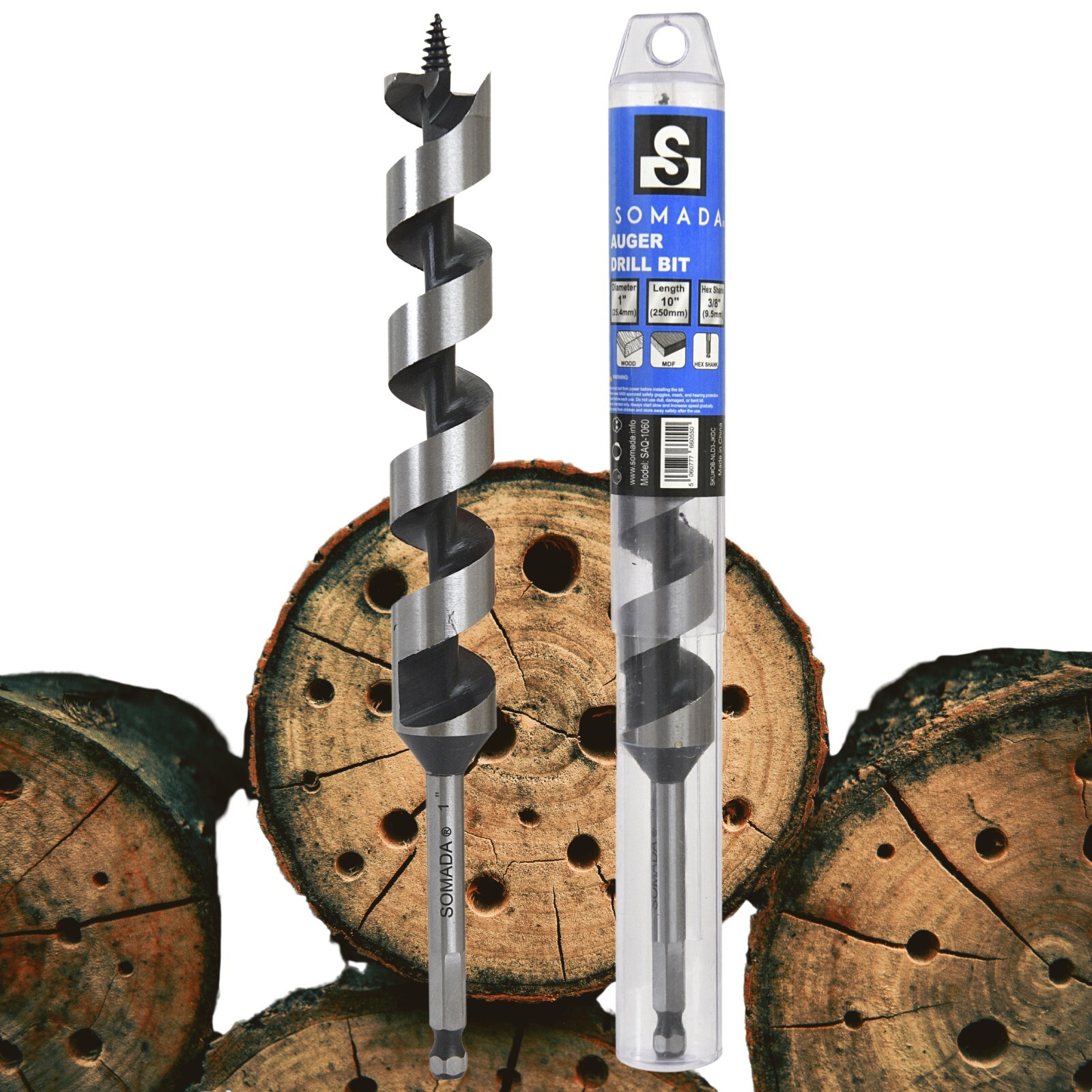 SOMADA 1-Inch x 10-Inch Auger Drill Bit for Wood, Hex Shank 3/8-Inch