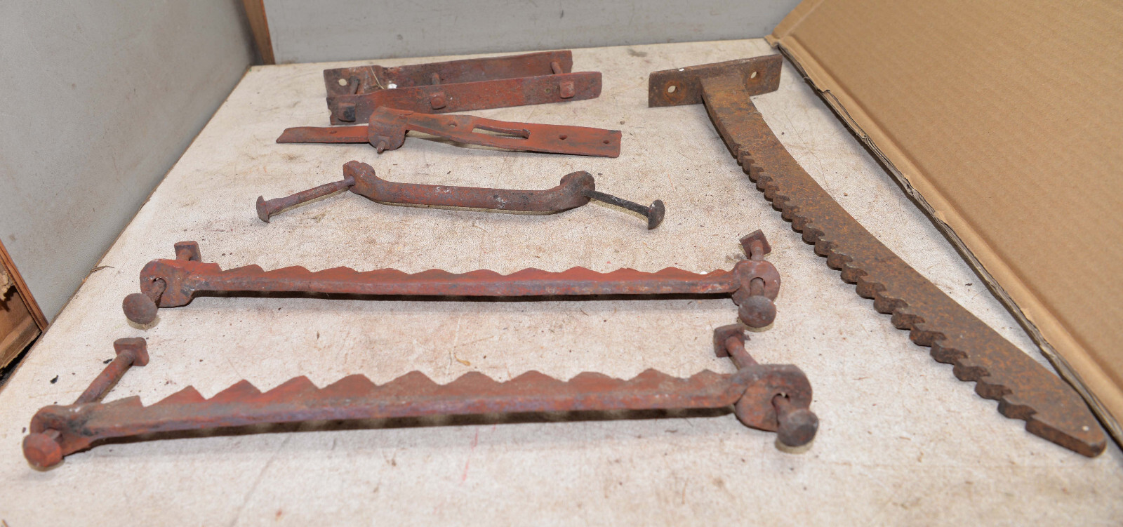 Antique blacksmith forged saw mill parts adjustable log holders hardware tools