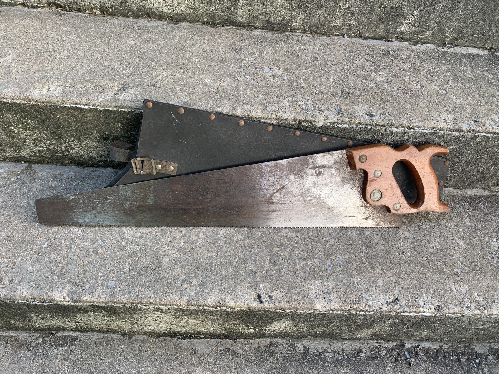 ATKINS 54 Silver Steel Straight Back Hand Saw Buhrke Sheath Scabbard Bell System