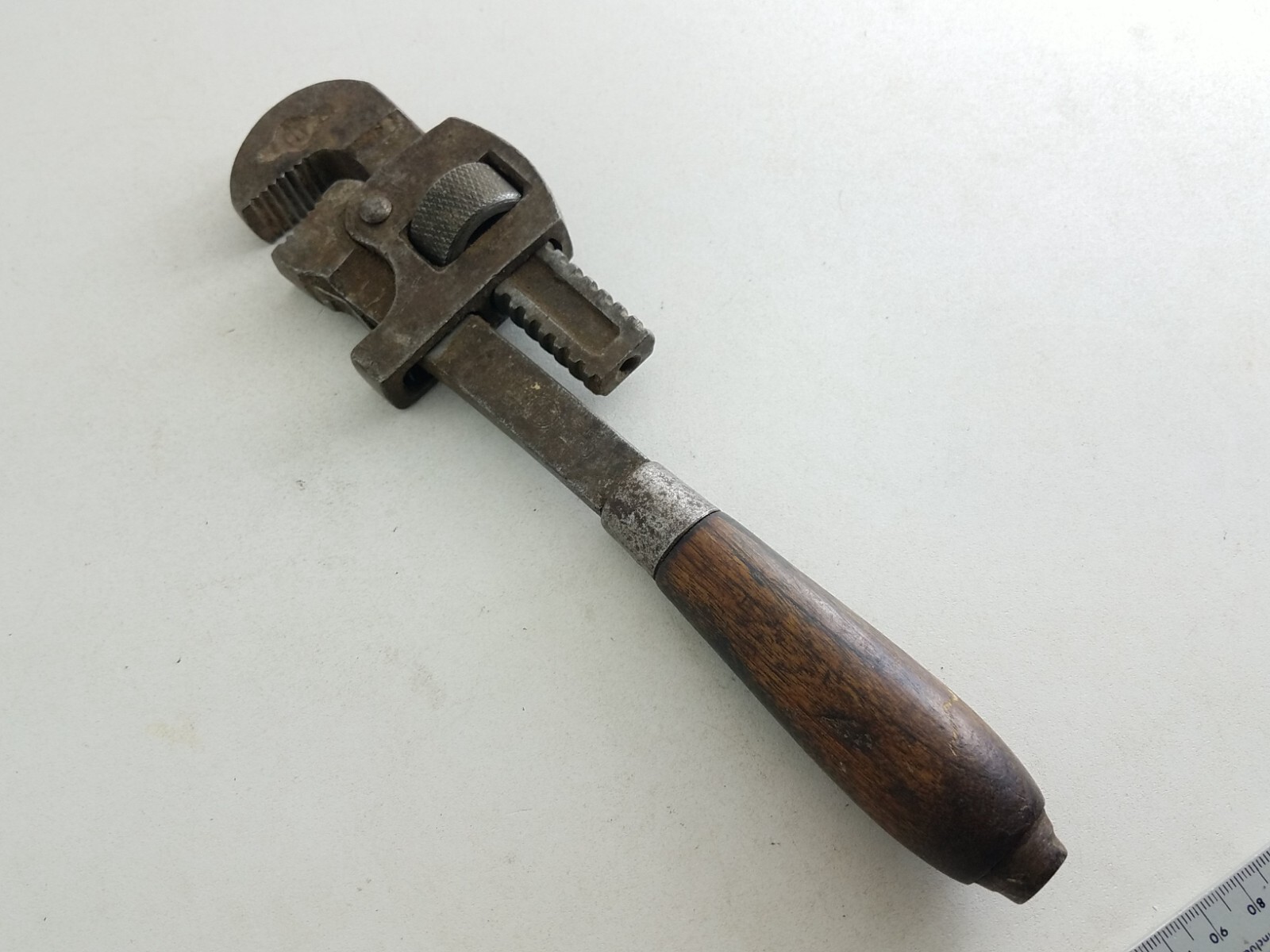 10 Inch Antique Pipe Wrench Forge Steel T in Circle Logo