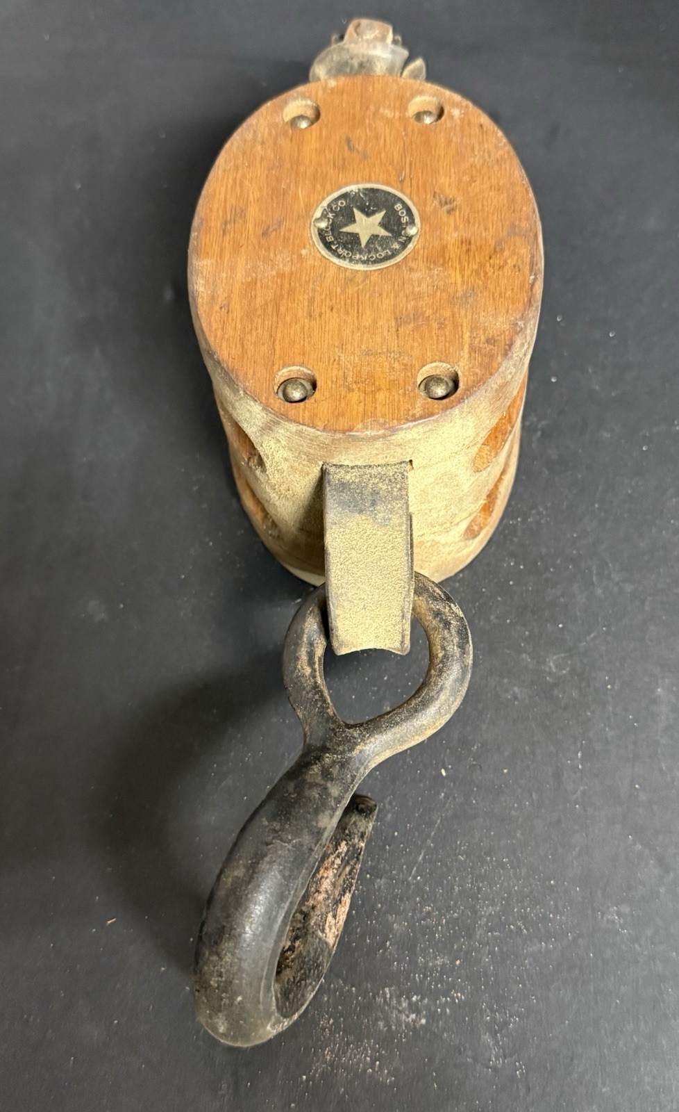 Vintage Boston And Lockport Block Comp Wooden Double Pulley w/ Iron Hook
