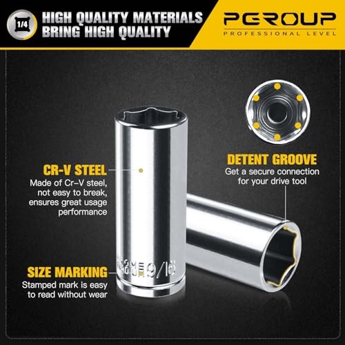 1/4” Drive SAE Socket Set, 11PCS Deep Hex Socket Set (3/16” 1/4-6PT-11PC