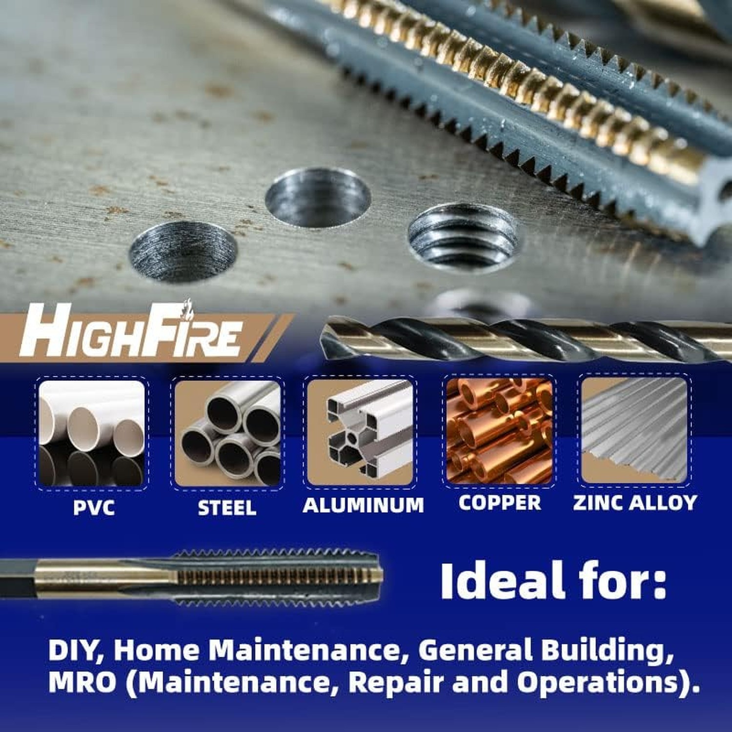 HIGHFIRE 18-Piece Metric Drill and Tap Set with 1 Piece T-Handle Ratchet, Bla…