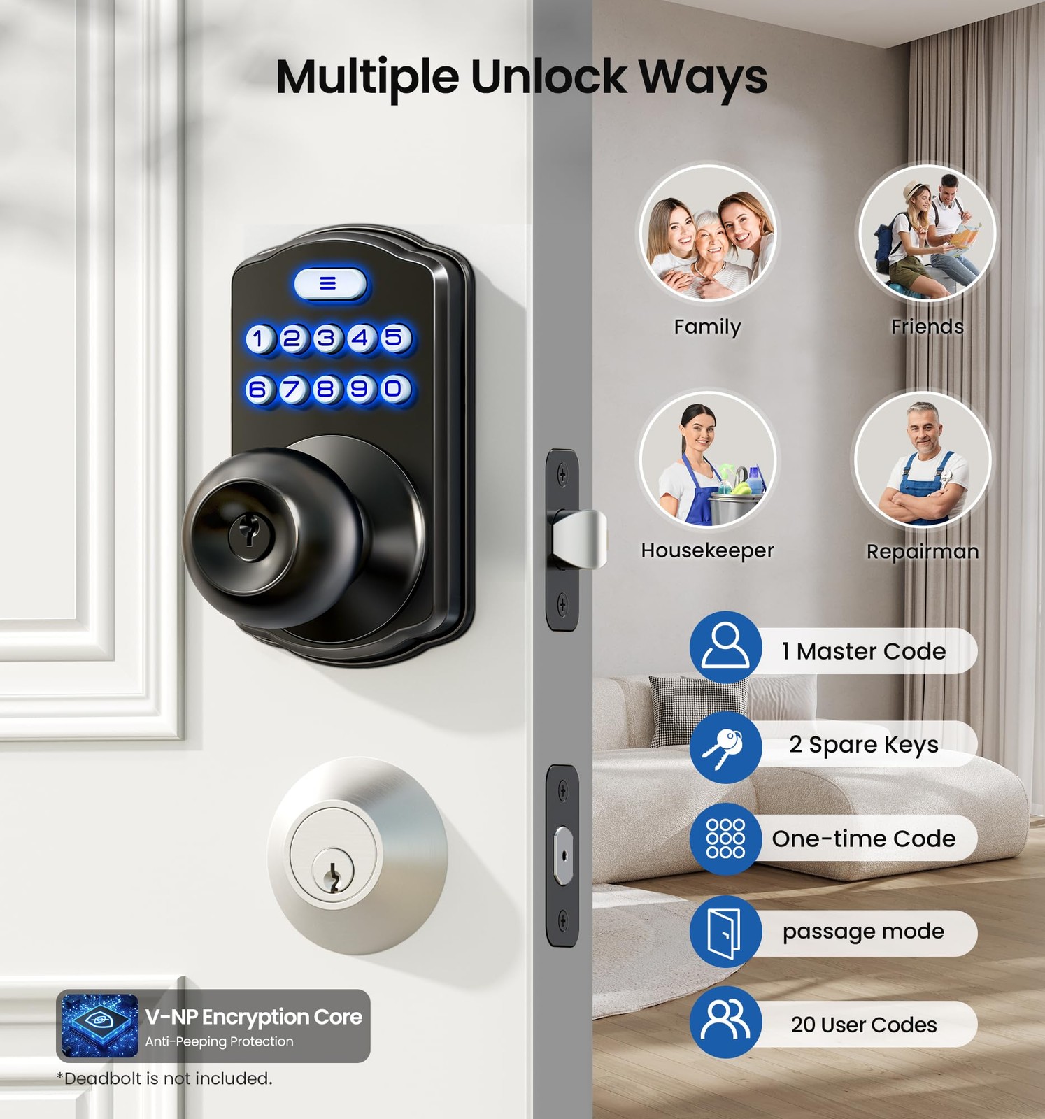 Veise Keypad Door Knob Lock, Keyless Entry Digital Lock with Matte Black