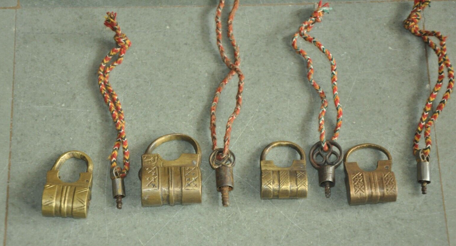 4 Pc Vintage Brass Handcrafted Engraved Screw System Padlocks, Rich Patina