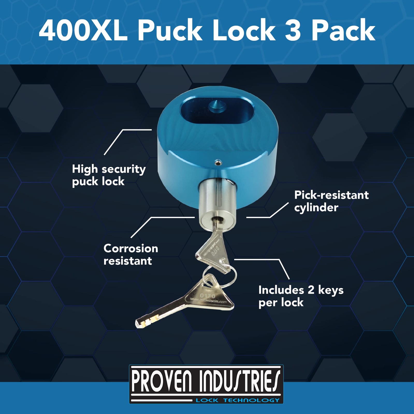 Puck Lock Set, Model 400XL, 3-Pack, Hidden Shackle, Keyed Alike, 6061 Solid A…