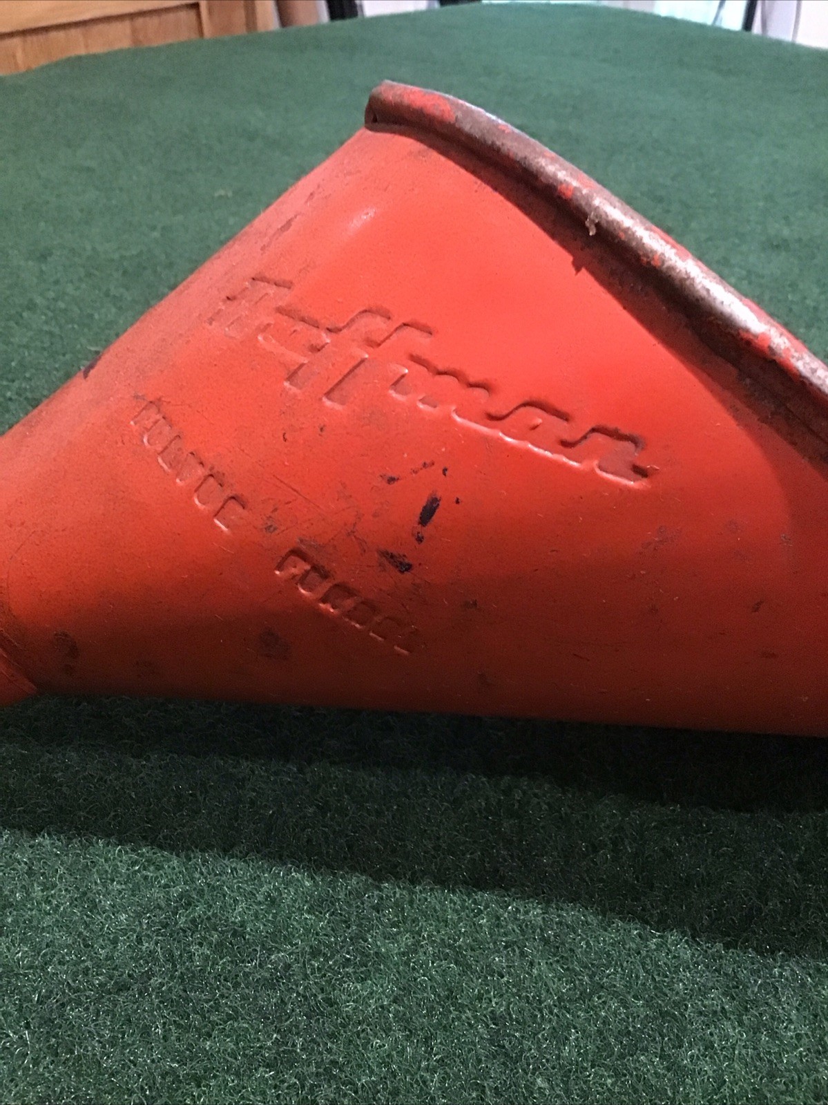Vintage Huffman Fulvue Oil Can Funnel Huffy Signed Stamped Orange Red