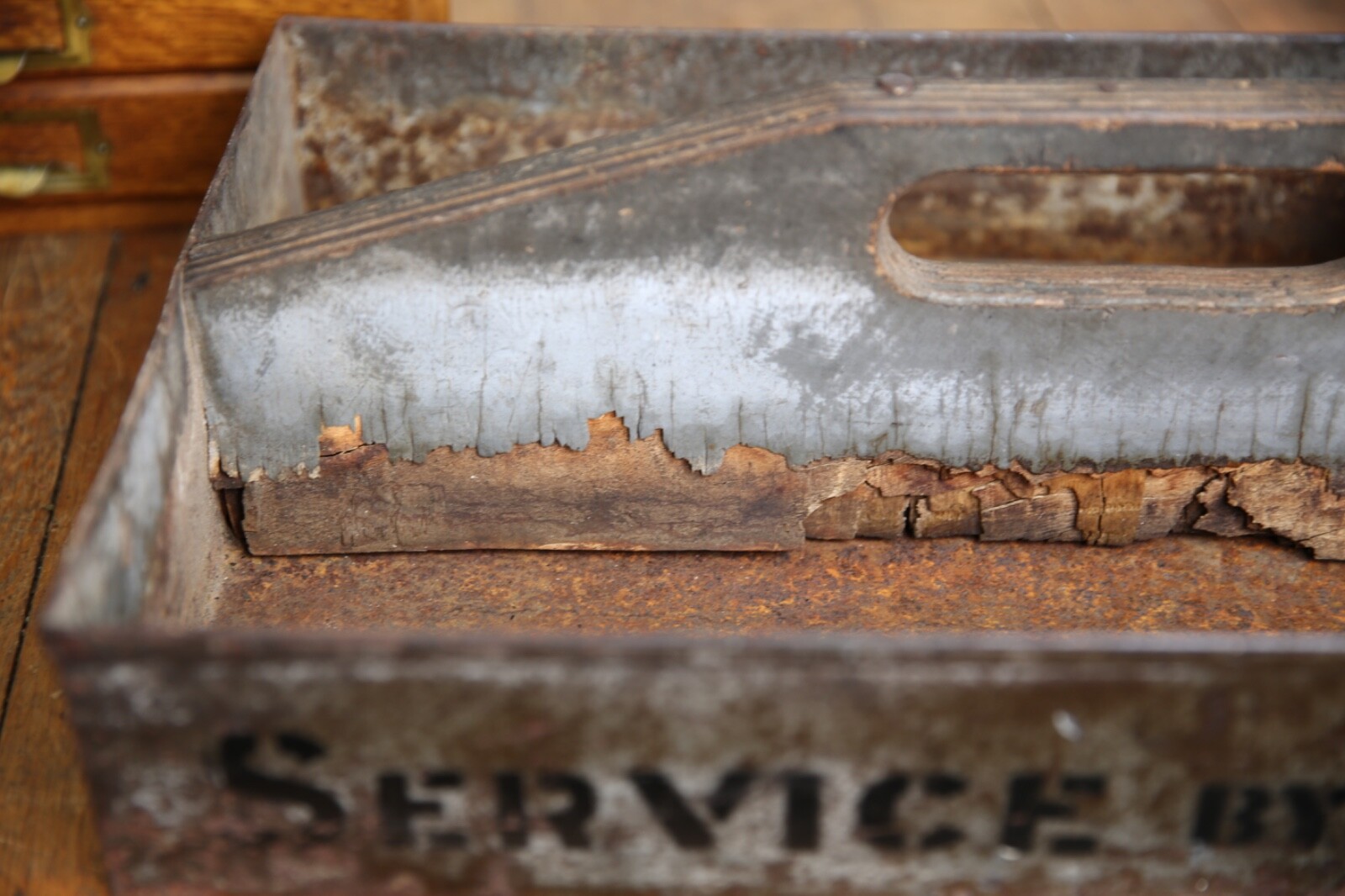 Vintage Tool Caddy Metal Tray Service Station wood Hardware Nut Bolt Bin sign