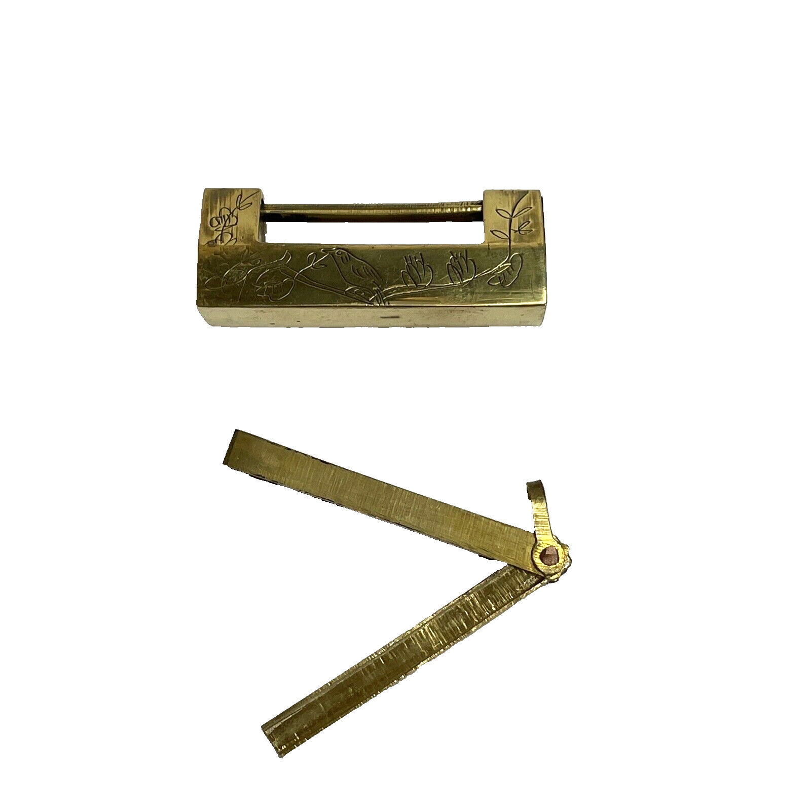 Antique Chinese Brass Padlock Carved Bird Leaves 2.5” Drawer Cabinet Lock X