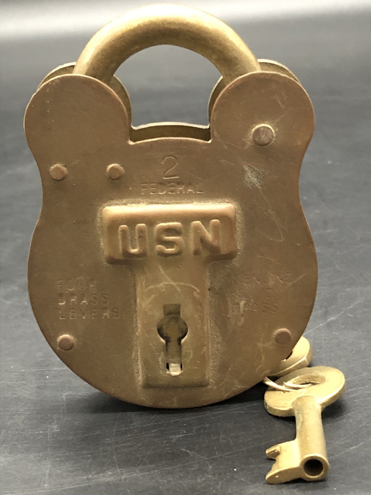 USN Vintage 4-Lever Solid Brass Padlock #2. Works. 2 Keys Included.