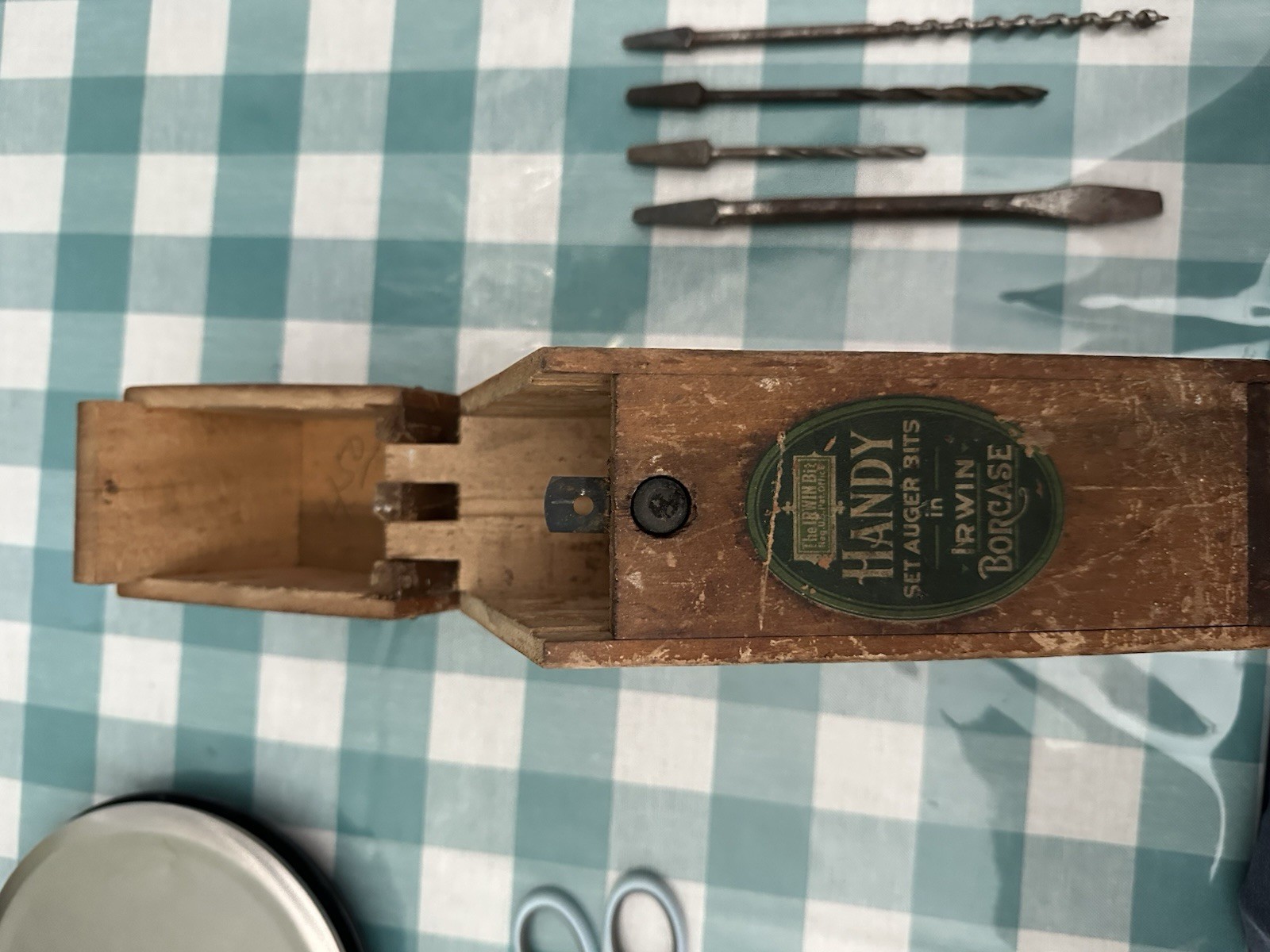 IRWIN USA HANDY AUGER BIT SET IN ORIG WOODEN BORCASE ANTIQUE HAND TOOL DRILL