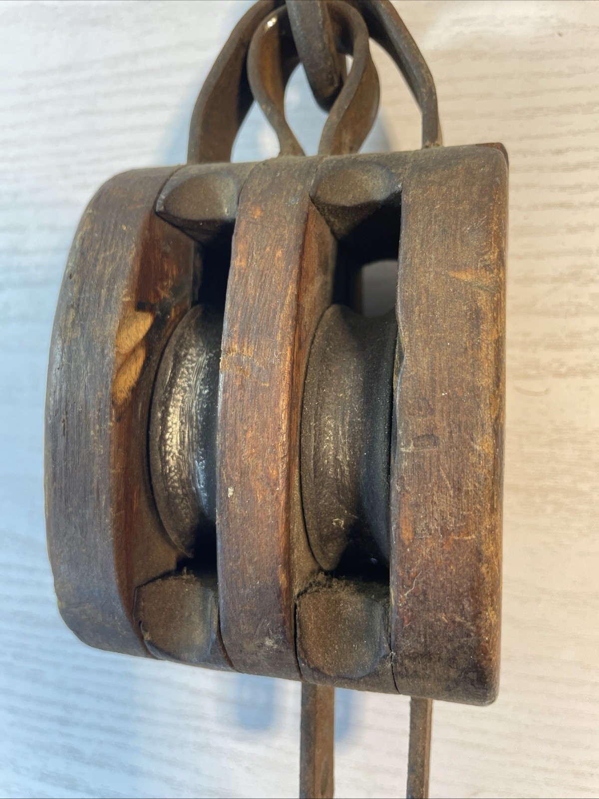 Early 1900s Anvil Brand Double Wood Barn Pulley Block Tackle Iron Hook Primitive