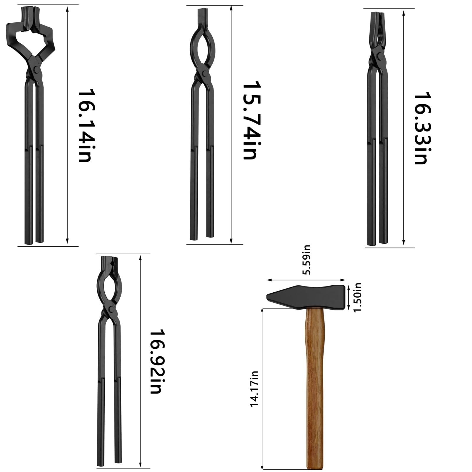 Blacksmith Tongs Set, 17 Inch Carbon Steel Forging Tongs, 5-Piece Professiona…