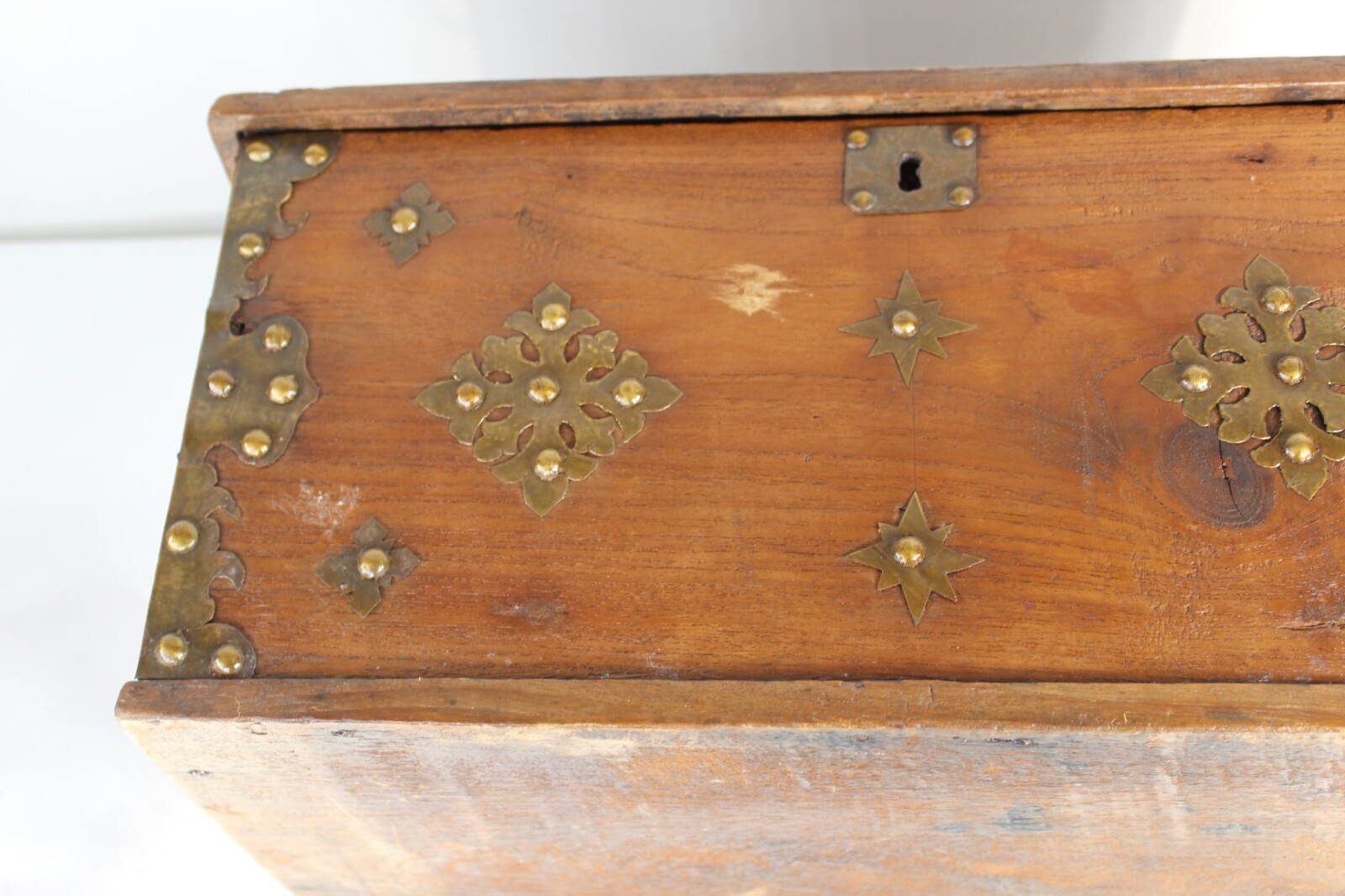 Antique Wood Storage Tool Craft Box Flemish Box Metal Accents Old Wood Box