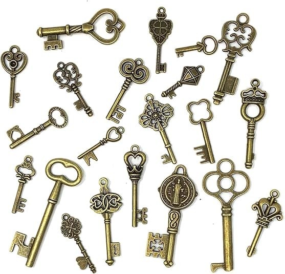 125 PCS Vintage Skeleton Key Set Charms, Mixed Antique Style Bronze Brass for P
