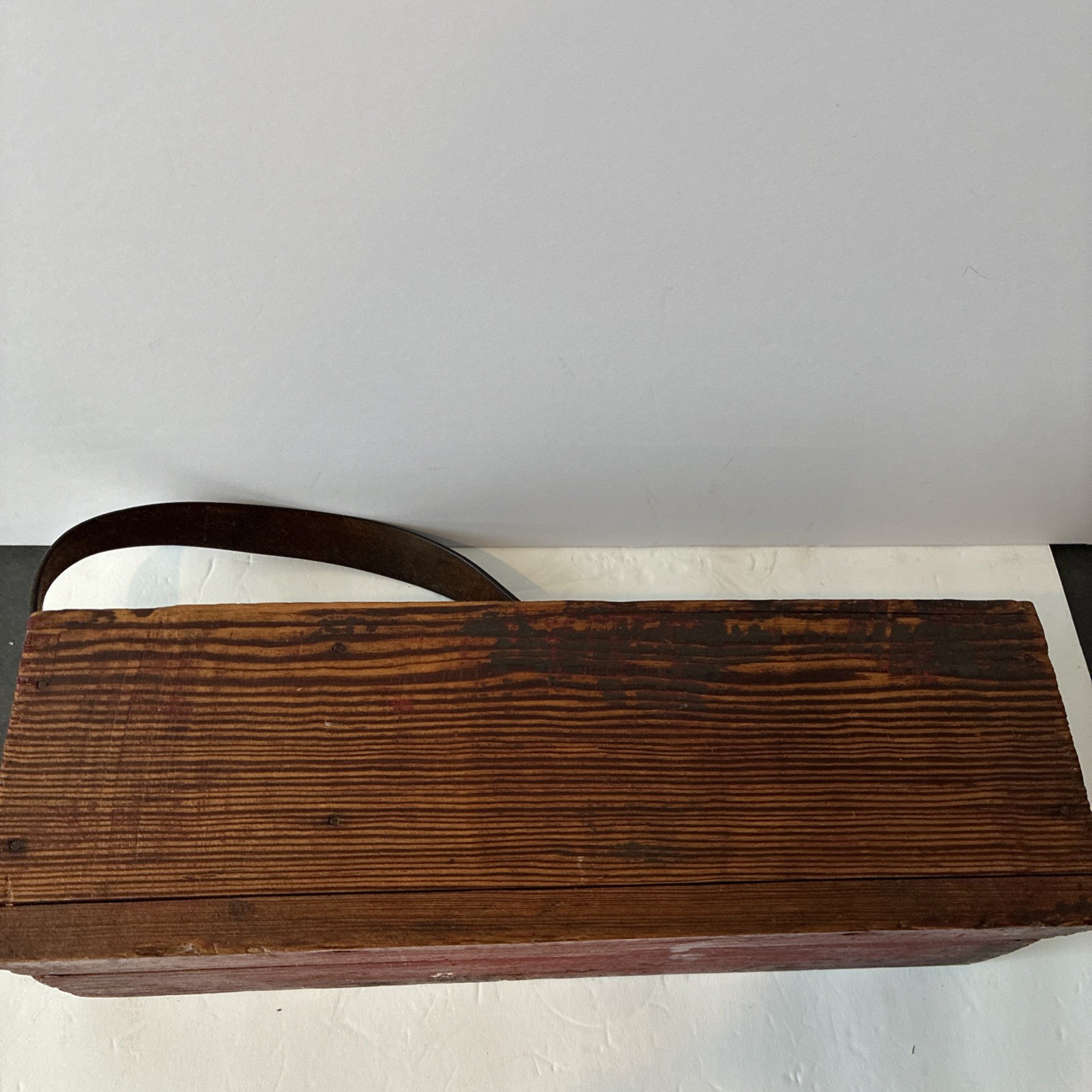 Vintage Wood Tool Box. Leather Handle. 14.5” Long X 5” Wide. Good Condition