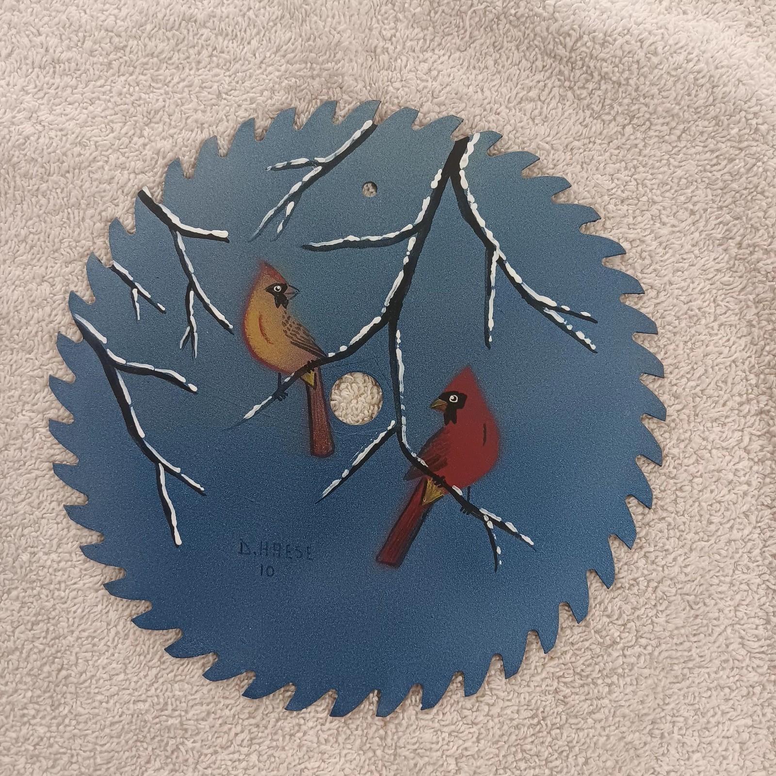 7″ Original Hand Painted Vintage Saw Blade Art Red Yellow Cardinal Winter Signed