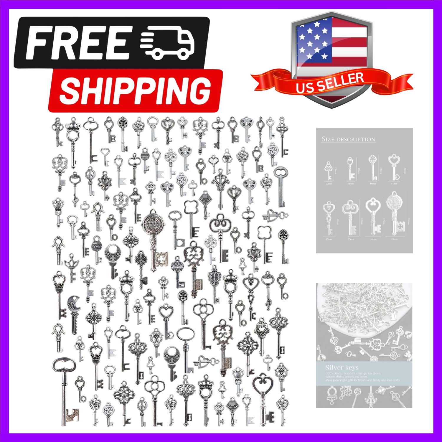125PCS Vintage Skeleton Keys, Steampunk Accessories Antique Silver Charms for…