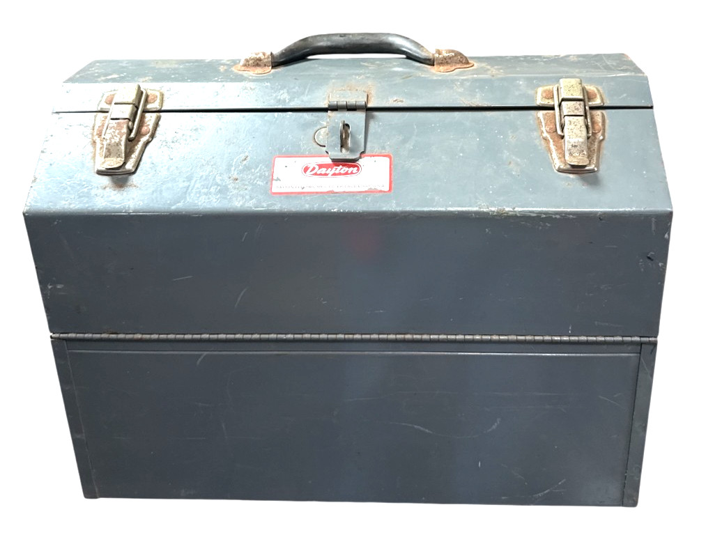 Vintage DAYTON Tri-Fold Metal Tool Box, USA Machinists Fishing Tackle Great Cond