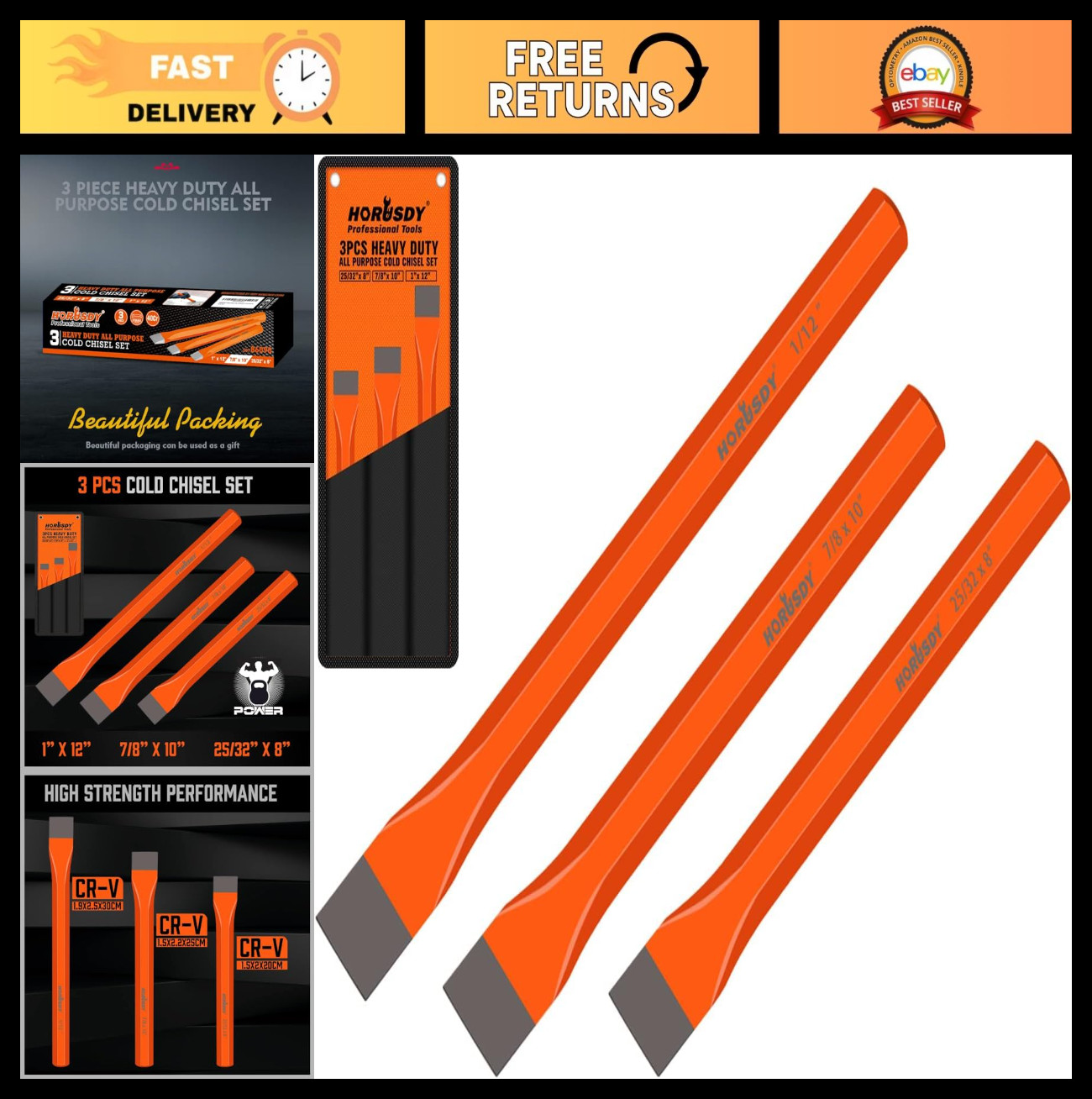 Heavy Duty Cold Chisel Set – 3 Pieces, Long 8″ 10″ 12″, with Roll Pouch, Metalwo