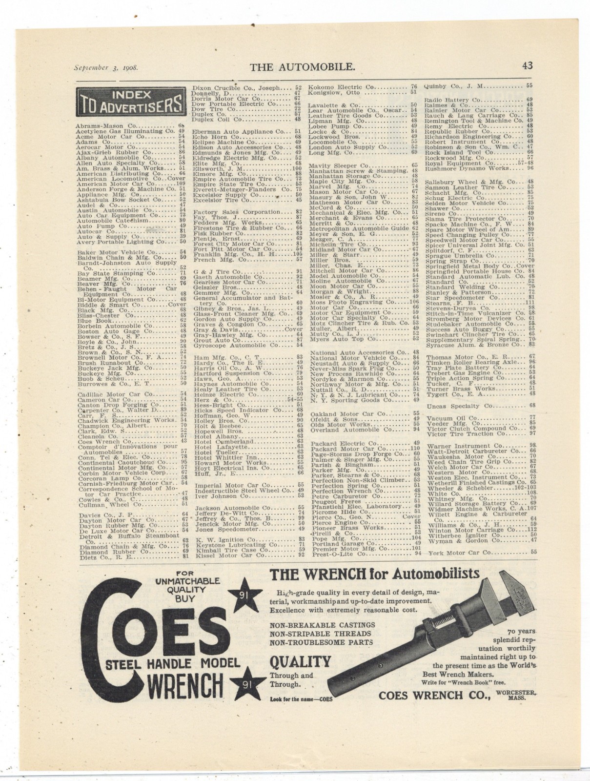 1908 Coes Wrench Co. of Worcester, Massachusetts Ad: Steel Handle Auto Wrench