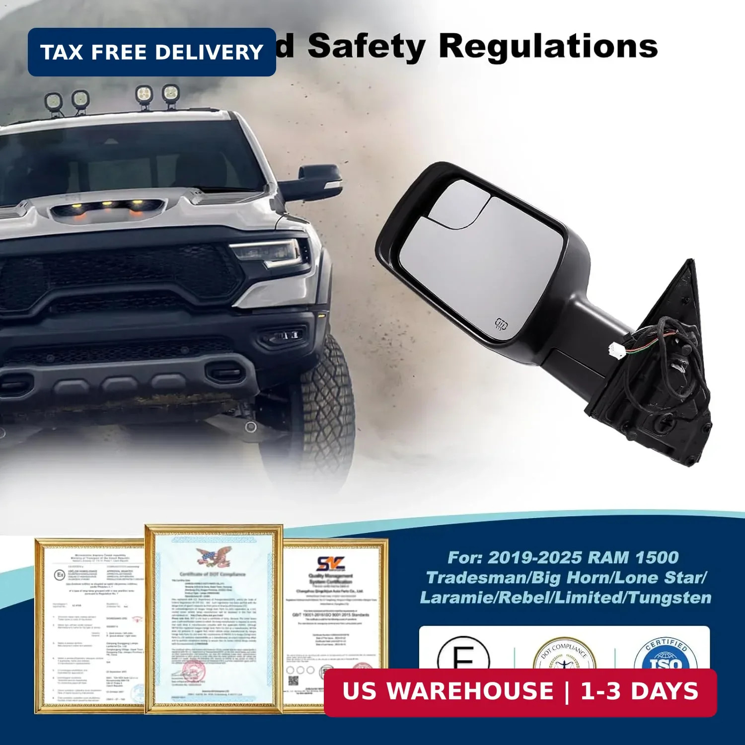 Left Driver Side Mirror for 2019-2025 Ram 1500 with Manual Folding/Heated/Power