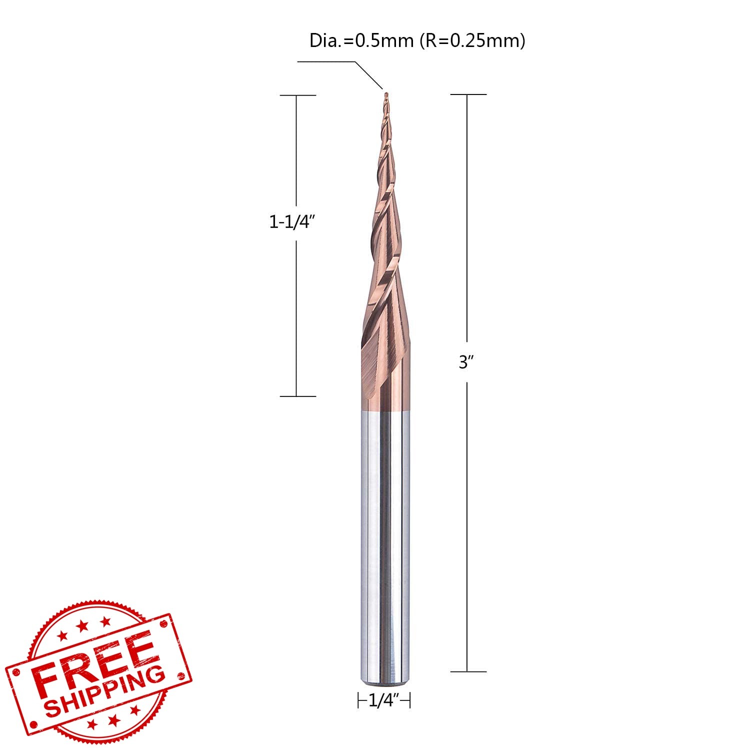 SpeTool 4pc Tapered Ball Nose End Mill 0.5mm Tip D=0.5MM