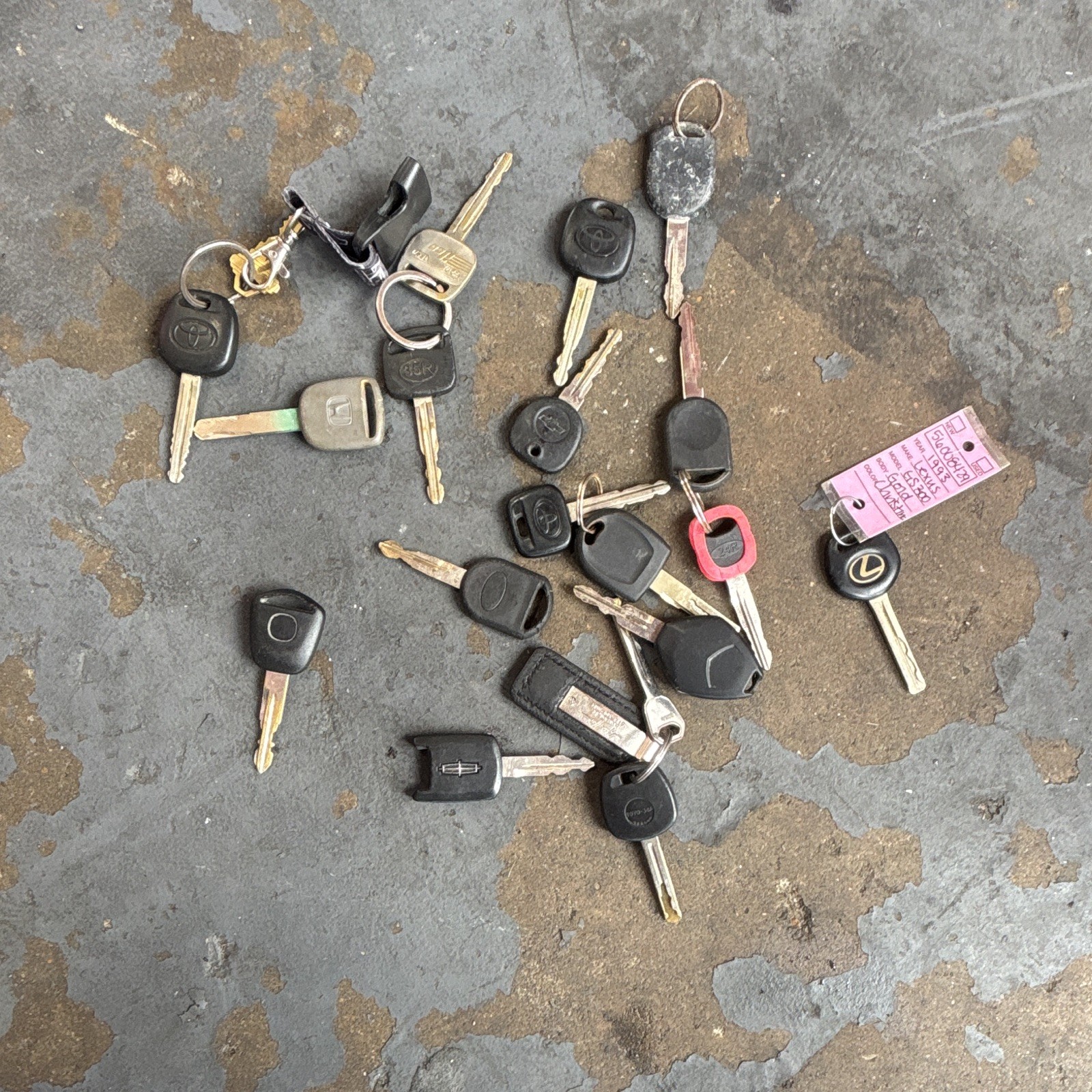 15key Assorted Vehicle Keys Lot w/ Key Fobs, Key Rings, Plastic Heads & Key Tags