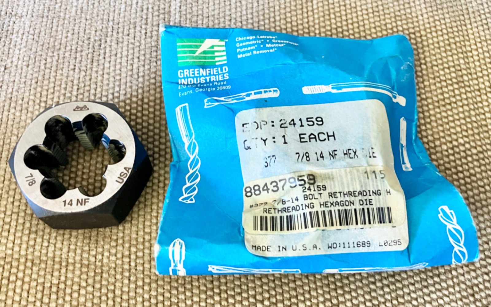 NOS Greenfield GTD 7/8″-14 NF Hexagon Die 1-5/8″ diameter – Made in USA